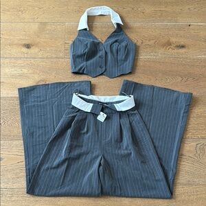 Fashion Nova Gray Pinstripe Halter Vest & Wide-Leg Pants Set with White Collar